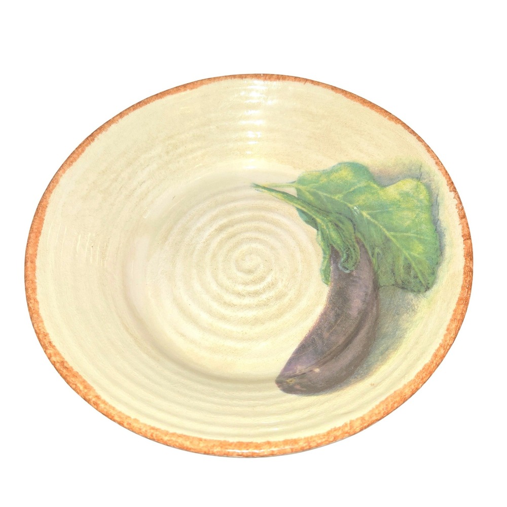 Williams Sonoma Jardin Potager 10" Pasta Bowl Italy Tan‎ Eggplant Ribbed Ceramic